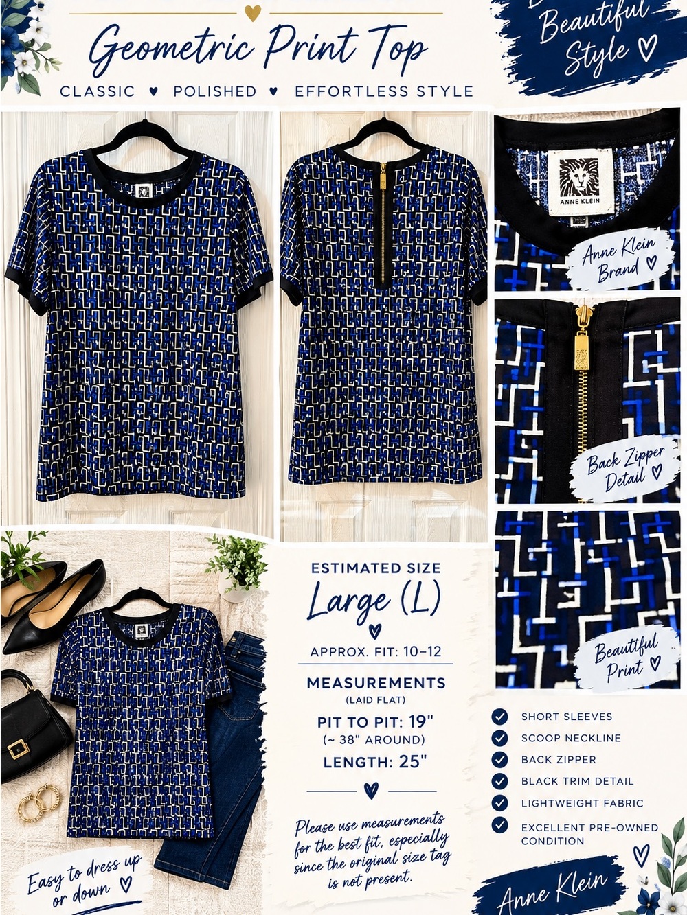 Anne Klein Navy & White Geometric Short Sleeve Top see description in pictures